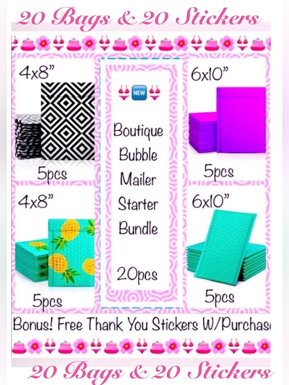 20ct Assorted Bubble Poly Mailers 👙🆕👙Boutique Starter Package⭐️20 TY Stickers
